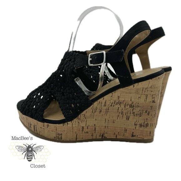 SO Taffy Wedge Heel Sandals Women's Woven Peep Toe With Cork Heel Size 8.5 Black - Picture 6 of 14